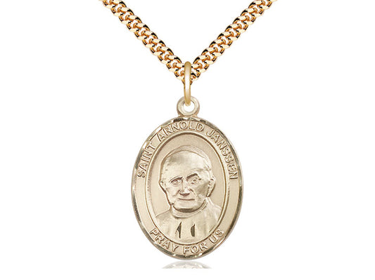 14kt Gold Filled St Arnold Janssen Pendant on a 24 inch Gold Plate Heavy Curb Chain. - Unique Catholic Gifts