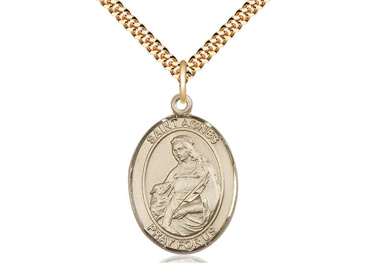 14kt Gold Filled St Agnes of Rome Pendant on a 24 inch Gold Plate Heavy Curb Chain. - Unique Catholic Gifts