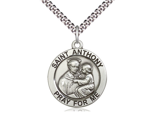 Sterling Silver St Anthony Pendant on a 24 inch Light Rhodium Heavy Curb Chain. - Unique Catholic Gifts