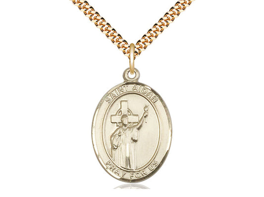 14kt Gold Filled St Aidan of Lindesfarne Pendant on a 24 inch Gold Plate Heavy Curb Chain. - Unique Catholic Gifts