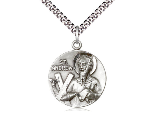 Sterling Silver St Andrew Pendant on a 24 inch Light Rhodium Heavy Curb Chain. - Unique Catholic Gifts