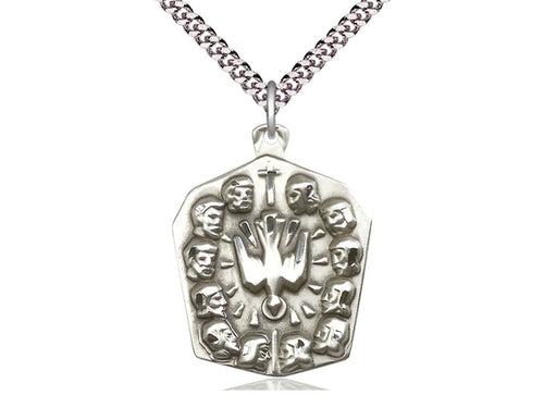 Sterling Silver Apostles Pendant on a 24 inch Light Rhodium Heavy Curb Chain. - Unique Catholic Gifts