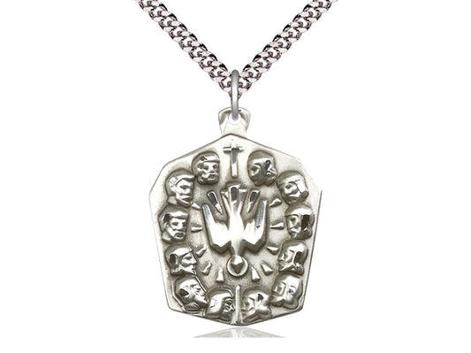 Sterling Silver Apostles Pendant on a 24 inch Light Rhodium Heavy Curb Chain. - Unique Catholic Gifts