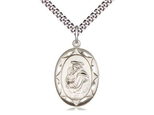 Sterling Silver St Anthony Pendant on a 24 inch Light Rhodium Heavy Curb Chain. - Unique Catholic Gifts