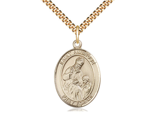 14kt Gold Filled St Ambrose Pendant on a 24 inch Gold Plate Heavy Curb Chain. - Unique Catholic Gifts