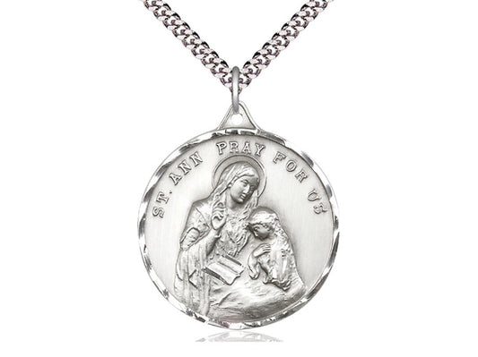 Sterling Silver St Ann Pendant on a 24 inch Light Rhodium Heavy Curb Chain. - Unique Catholic Gifts