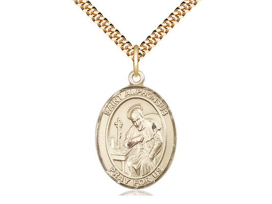 14kt Gold Filled St Alphonsus Pendant on a 24 inch Gold Plate Heavy Curb Chain. - Unique Catholic Gifts