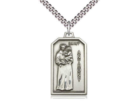 Sterling Silver St Anthony Pendant on a 24 inch Light Rhodium Heavy Curb Chain. - Unique Catholic Gifts