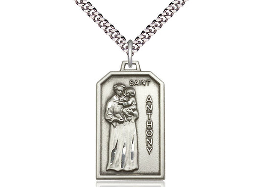 Sterling Silver St Anthony Pendant on a 24 inch Light Rhodium Heavy Curb Chain. - Unique Catholic Gifts