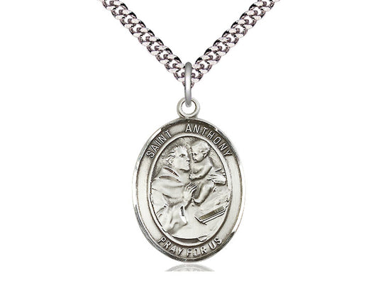 Sterling Silver St Anthony of Padua Pendant on a 24 inch Light Rhodium Heavy Curb Chain. - Unique Catholic Gifts