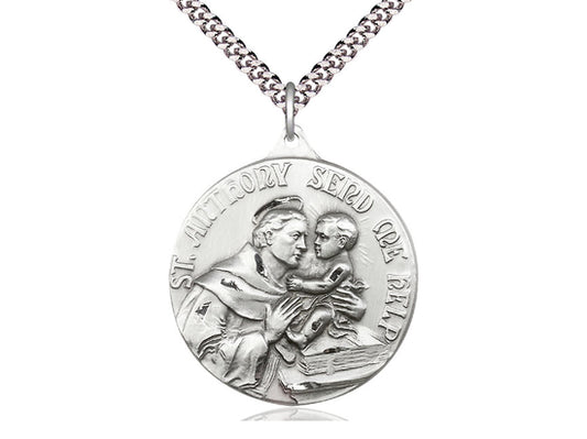 Sterling Silver St Anthony Pendant on a 24 inch Light Rhodium Heavy Curb Chain. - Unique Catholic Gifts