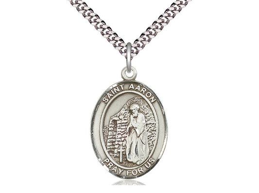 Sterling Silver St Aaron Pendant on a 24 inch Light Rhodium Heavy Curb Chain. - Unique Catholic Gifts