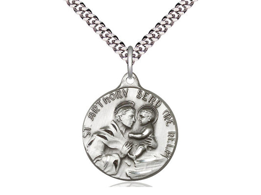 Sterling Silver St Anthony Pendant on a 24 inch Light Rhodium Heavy Curb Chain. - Unique Catholic Gifts