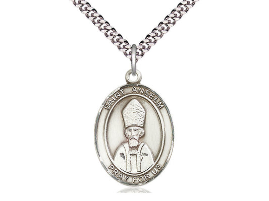 Sterling Silver St Anselm of Canterbury Pendant on a 24 inch Light Rhodium Heavy Curb Chain. - Unique Catholic Gifts