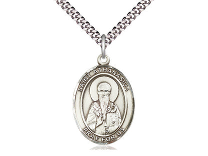 Sterling Silver St Athanasius Pendant on a 24 inch Light Rhodium Heavy Curb Chain. - Unique Catholic Gifts