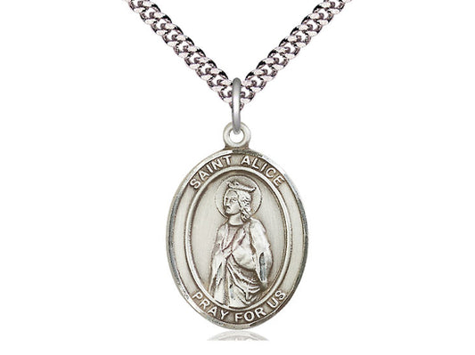 Sterling Silver St Alice Pendant on a 24 inch Light Rhodium Heavy Curb Chain. - Unique Catholic Gifts