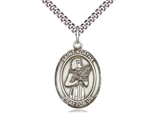 Sterling Silver St Agatha Pendant on a 24 inch Light Rhodium Heavy Curb Chain. - Unique Catholic Gifts