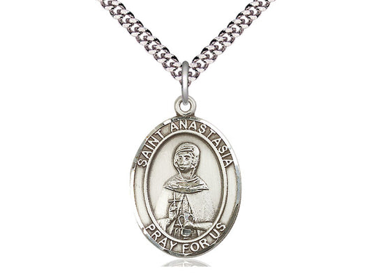 Sterling Silver St Anastasia Pendant on a 24 inch Light Rhodium Heavy Curb Chain. - Unique Catholic Gifts
