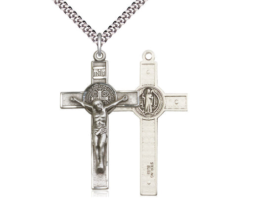 Sterling Silver St Benedict Crucifix Pendant on a 24 inch Light Rhodium Heavy Curb Chain. - Unique Catholic Gifts