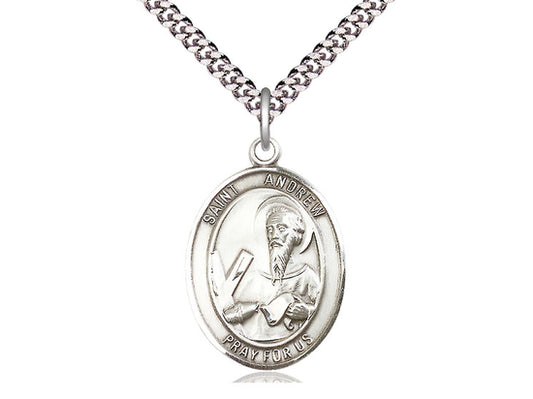 Sterling Silver St Andrew the Apostle Pendant on a 24 inch Light Rhodium Heavy Curb Chain. - Unique Catholic Gifts