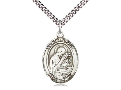 Sterling Silver St Aloysius Gonzaga Pendant on a 24 inch Light Rhodium Heavy Curb Chain. - Unique Catholic Gifts