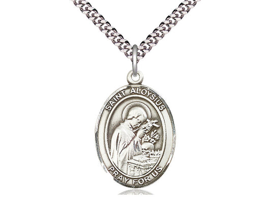 Sterling Silver St Aloysius Gonzaga Pendant on a 24 inch Light Rhodium Heavy Curb Chain. - Unique Catholic Gifts