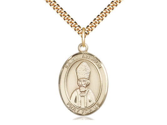 14kt Gold Filled St Anselm of Canterbury Pendant on a 24 inch Gold Plate Heavy Curb Chain. - Unique Catholic Gifts