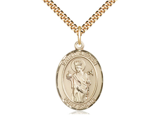 14kt Gold Filled St Aedan of Ferns Pendant on a 24 inch Gold Plate Heavy Curb Chain. - Unique Catholic Gifts