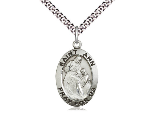 Sterling Silver St Ann Pendant on a 24 inch Light Rhodium Heavy Curb Chain. - Unique Catholic Gifts