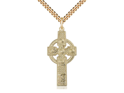14kt Gold Filled Kilklispeen Cross Pendant on a 24 inch Gold Plate Heavy Curb Chain. - Unique Catholic Gifts