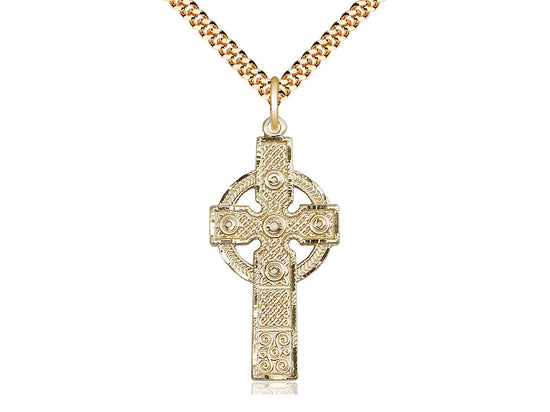 14kt Gold Filled Kilklispeen Cross Pendant on a 24 inch Gold Plate Heavy Curb Chain - Unique Catholic Gifts