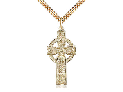 14kt Gold Filled Kilklispeen Cross Pendant on a 24 inch Gold Plate Heavy Curb Chain - Unique Catholic Gifts
