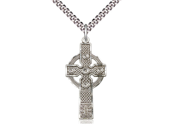 Sterling Silver Kilklispeen Cross Pendant on a 24 inch Light Rhodium Heavy Curb Chain - Unique Catholic Gifts