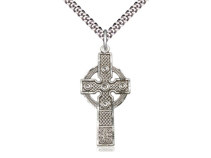 Sterling Silver Kilklispeen Cross Pendant on a 24 inch Light Rhodium Heavy Curb Chain - Unique Catholic Gifts