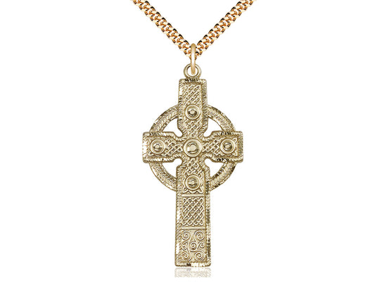 14kt Gold Filled Kilklispeen Cross Pendant on a 24 inch Gold Plate Heavy Curb Chain - Unique Catholic Gifts