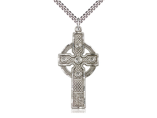 Sterling Silver Kilklispeen Cross Pendant on a 24 inch Light Rhodium Heavy Curb Chain. - Unique Catholic Gifts