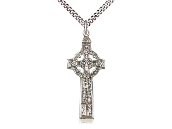 Sterling Silver Scriptures Cross Pendant on a 24 inch Light Rhodium Heavy Curb Chain - Unique Catholic Gifts