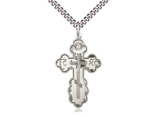 Sterling Silver St Olga Cross Pendant on a 24 inch Light Rhodium Heavy Curb Chain - Unique Catholic Gifts