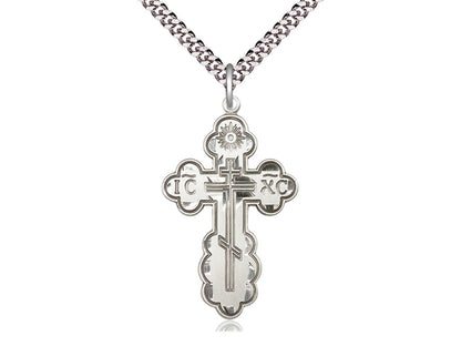 Sterling Silver St Olga Cross Pendant on a 24 inch Light Rhodium Heavy Curb Chain - Unique Catholic Gifts