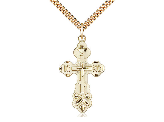 14kt Gold Filled Cross Pendant on a 24 inch Gold Plate Heavy Curb Chain - Unique Catholic Gifts