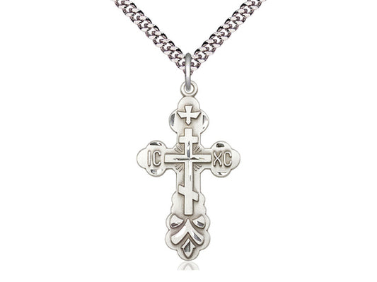 Sterling Silver Cross Pendant on a 24 inch Light Rhodium Heavy Curb Chain - Unique Catholic Gifts