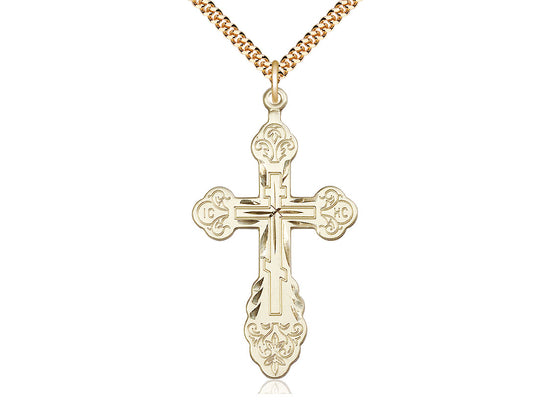 14kt Gold Filled Vladimir Cross Pendant on a 24 inch Gold Plate Heavy Curb Chain - Unique Catholic Gifts