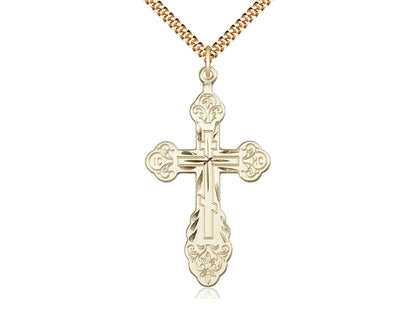 14kt Gold Filled Vladimir Cross Pendant on a 24 inch Gold Plate Heavy Curb Chain - Unique Catholic Gifts