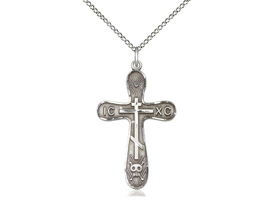 Sterling Silver Golgotha Cross Pendant on a 18 inch Sterling Silver Light Curb Chain - Unique Catholic Gifts