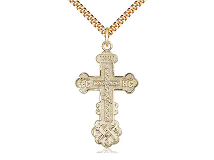 14kt Gold Filled Kiev Cross Pendant on a 24 inch Gold Plate Heavy Curb Chain - Unique Catholic Gifts