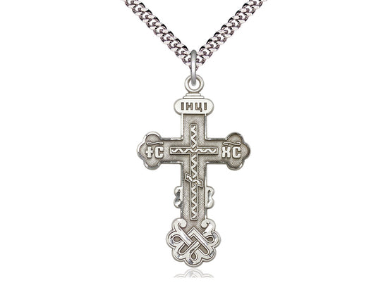 Sterling Silver Kiev Cross Pendant on a 24 inch Light Rhodium Heavy Curb Chain - Unique Catholic Gifts