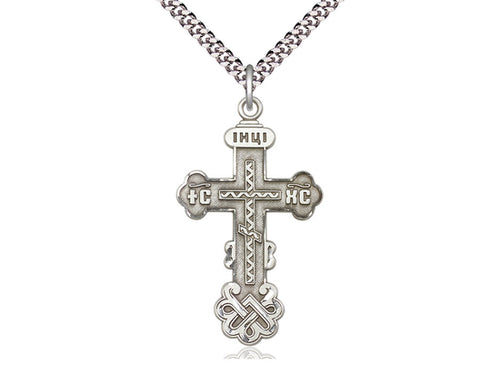 Sterling Silver Kiev Cross Pendant on a 24 inch Light Rhodium Heavy Curb Chain - Unique Catholic Gifts