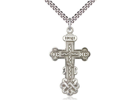 Sterling Silver Kiev Cross Pendant on a 24 inch Light Rhodium Heavy Curb Chain - Unique Catholic Gifts
