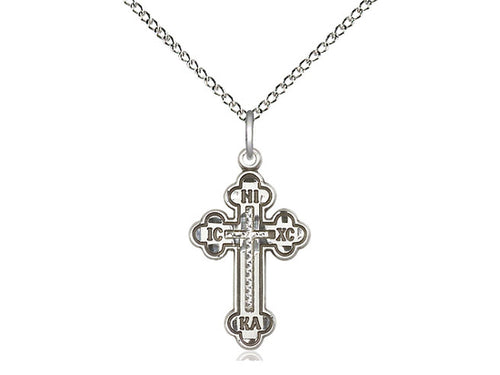 Sterling Silver Russian Cross Pendant on a 18 inch Sterling Silver Light Curb Chain - Unique Catholic Gifts