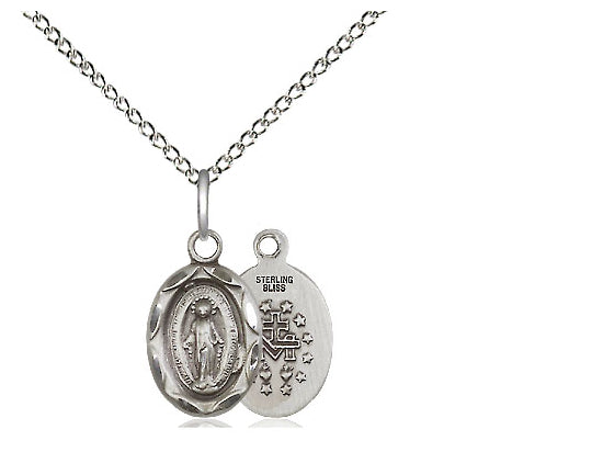 Sterling Silver Miraculous Pendant on a 18 inch Sterling Silver Light Curb Chain - Unique Catholic Gifts